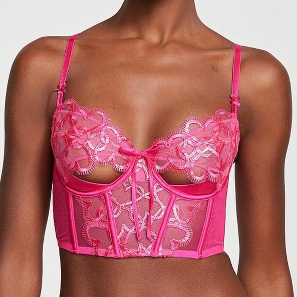 Victoria's Secret Wicked Shimmer Pink Heart Sexy Open-Cup Corset Bra Top NWT